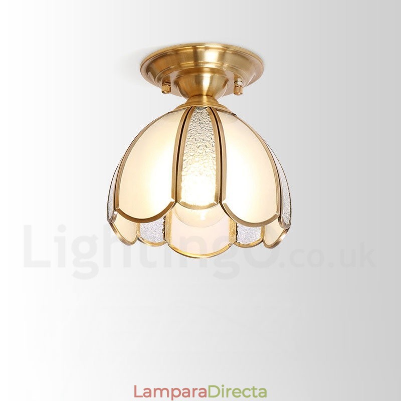 Lámpara de techo empotrada de estilo nórdico rústico de latón puro con pantalla de cristal