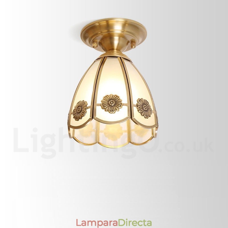 Lámpara de techo empotrada de estilo nórdico rústico de latón puro con pantalla de cristal