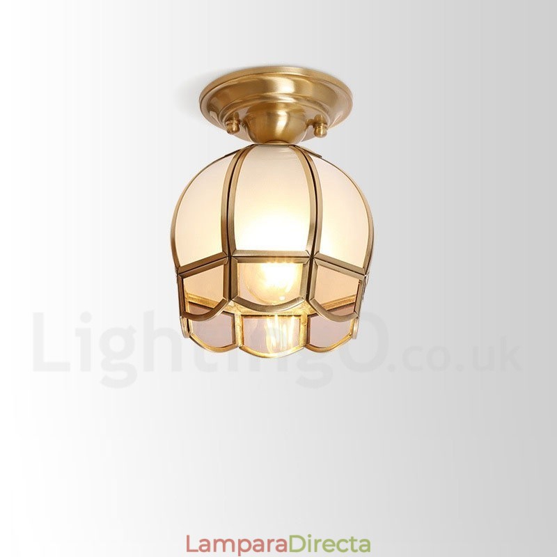 Lámpara de techo empotrada de estilo nórdico rústico de latón puro con pantalla de cristal
