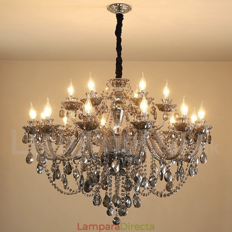 Lámpara de araña grande de cristal K9 de 18 luces, color gris retro