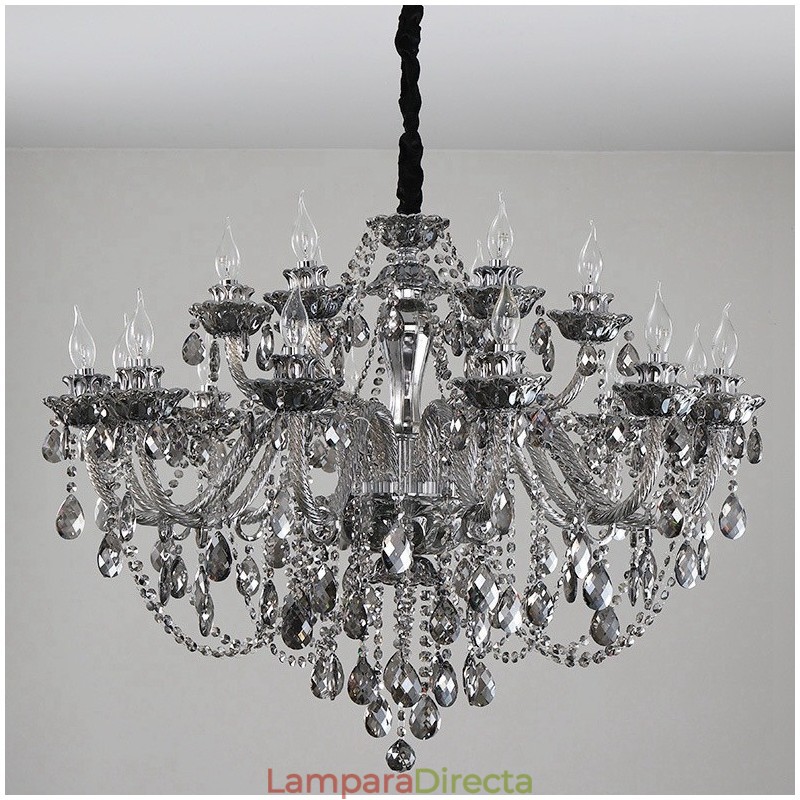 Lámpara de araña grande de cristal K9 de 18 luces, color gris retro