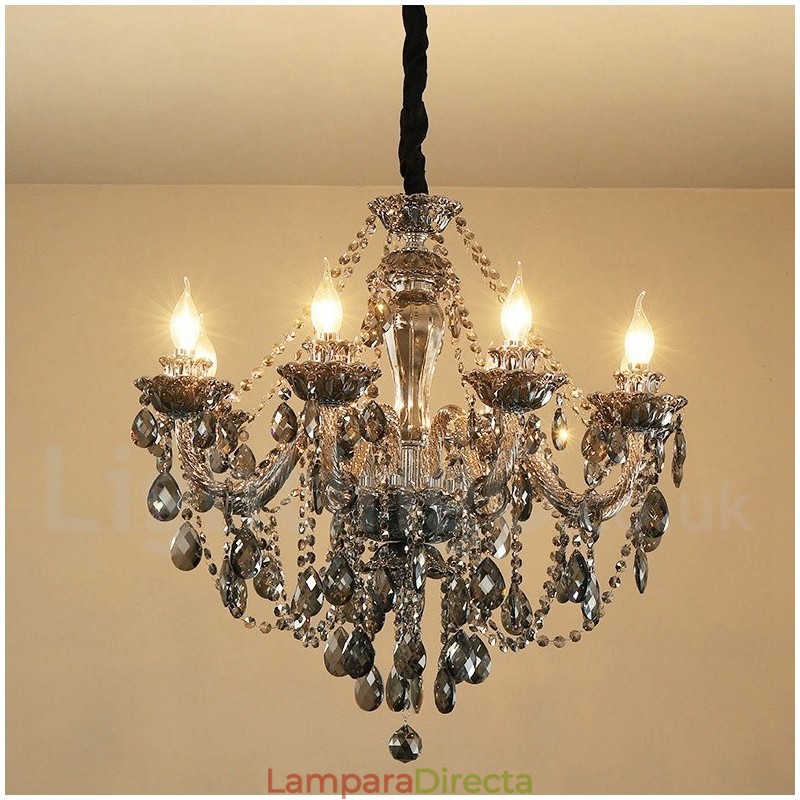 Lámpara de araña grande de cristal K9 de 8 luces, color gris retro