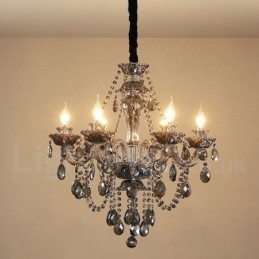 Lámpara de araña grande de cristal K9 de 6 luces, color gris retro