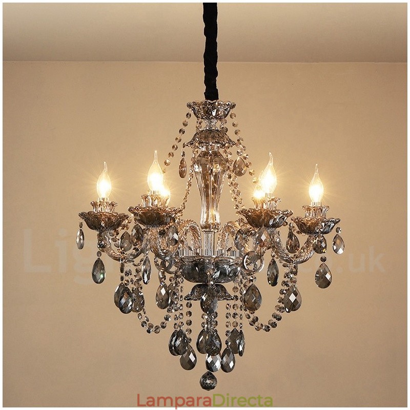 Lámpara de araña grande de cristal K9 de 6 luces, color gris retro