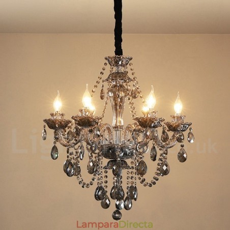 Lámpara de araña grande de cristal K9 de 6 luces, color gris retro Lámpara de araña grande de cristal K9 de 6 luces, color gris retro