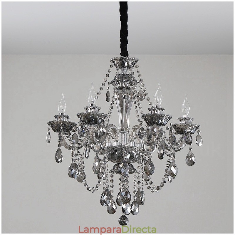 Lámpara de araña grande de cristal K9 de 6 luces, color gris retro
