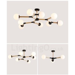 Lámpara de araña nórdica moderna de madera con diseño de frijol mágico y moléculas de madera con pantallas de vidrio.