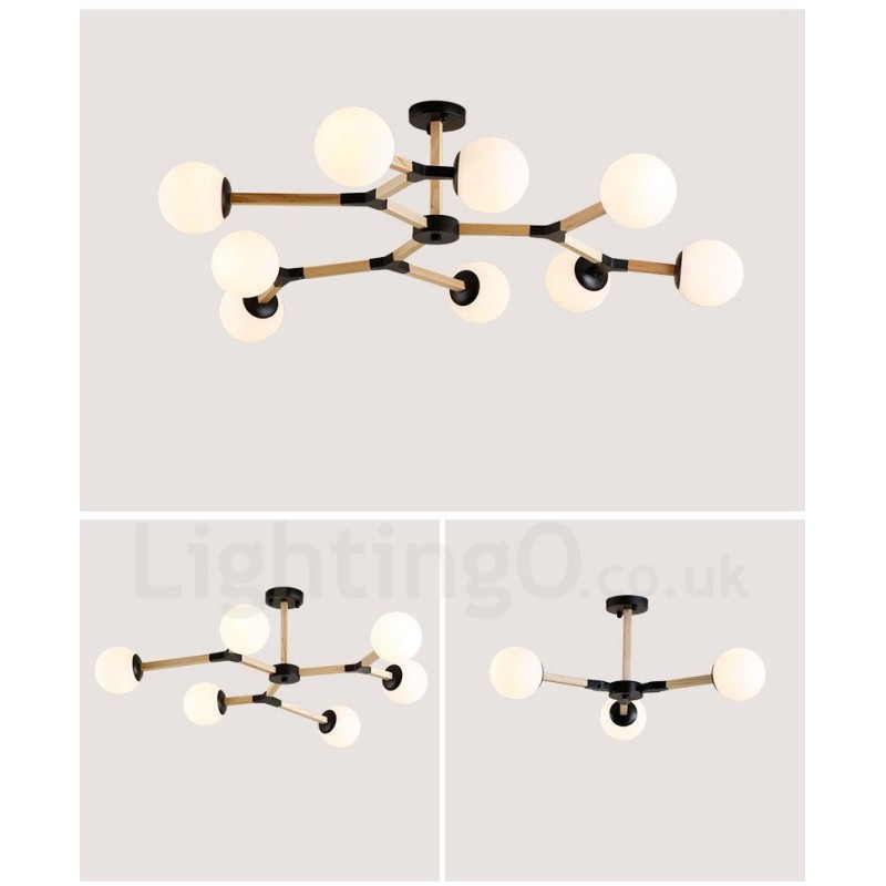 Lámpara de araña nórdica moderna de madera con diseño de frijol mágico y moléculas de madera con pantallas de vidrio.