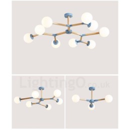 Lámpara de araña nórdica moderna de madera con diseño de frijol mágico y moléculas de madera con pantallas de vidrio.