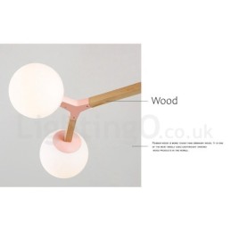 Lámpara de araña nórdica moderna de madera con diseño de frijol mágico y moléculas de madera con pantallas de vidrio.
