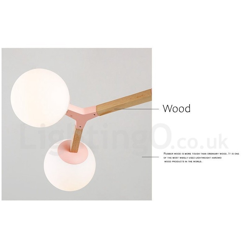 Lámpara de araña nórdica moderna de madera con diseño de frijol mágico y moléculas de madera con pantallas de vidrio.
