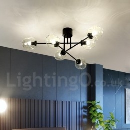 Lámpara de araña rústica de acero inoxidable de 6 luces con pantallas de vidrio transparente o azul