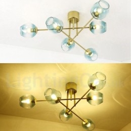 Lámpara de araña rústica de acero inoxidable de 6 luces con pantallas de vidrio transparente o azul