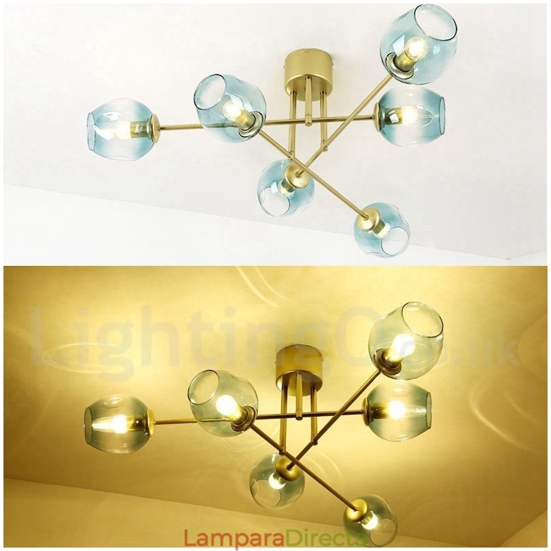 Lámpara de araña rústica de acero inoxidable de 6 luces con pantallas de vidrio transparente o azul