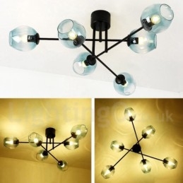 Lámpara de araña rústica de acero inoxidable de 6 luces con pantallas de vidrio transparente o azul