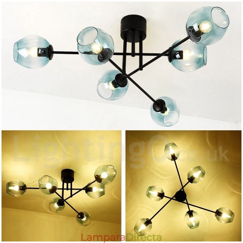 Lámpara de araña rústica de acero inoxidable de 6 luces con pantallas de vidrio transparente o azul