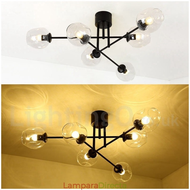 Lámpara de araña rústica de acero inoxidable de 6 luces con pantallas de vidrio transparente o azul