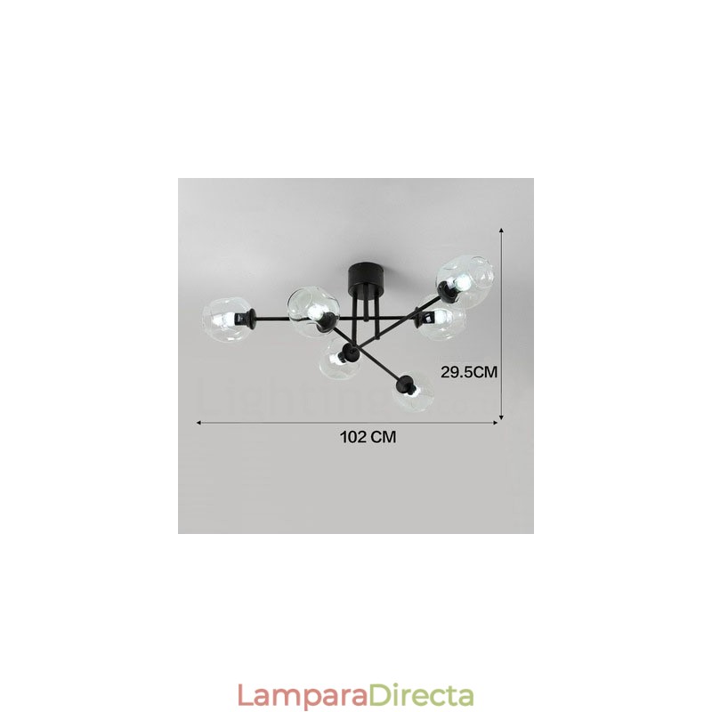 Lámpara de araña rústica de acero inoxidable de 6 luces con pantallas de vidrio transparente o azul