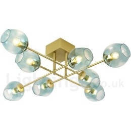 Lámpara de araña rústica de acero inoxidable de 8 luces con pantallas de vidrio transparente o azul