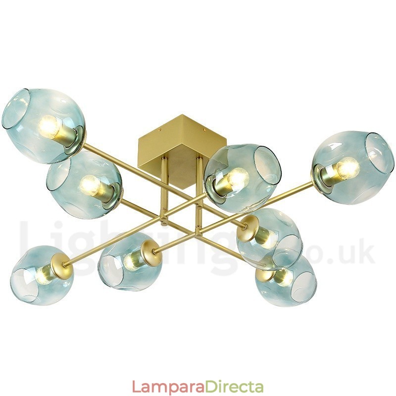 Lámpara de araña rústica de acero inoxidable de 8 luces con pantallas de vidrio transparente o azul