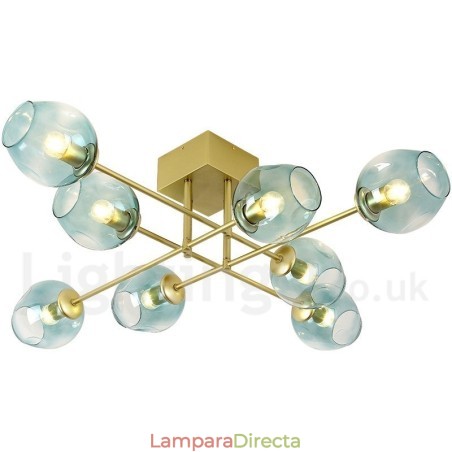 Lámpara de araña rústica de acero inoxidable de 8 luces con pantallas de vidrio transparente o azul Lámpara de araña rústica de acero inoxidable de 8 luces con pantallas de vidrio transparente o azul