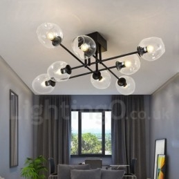 Lámpara de araña rústica de acero inoxidable de 8 luces con pantallas de vidrio transparente o azul