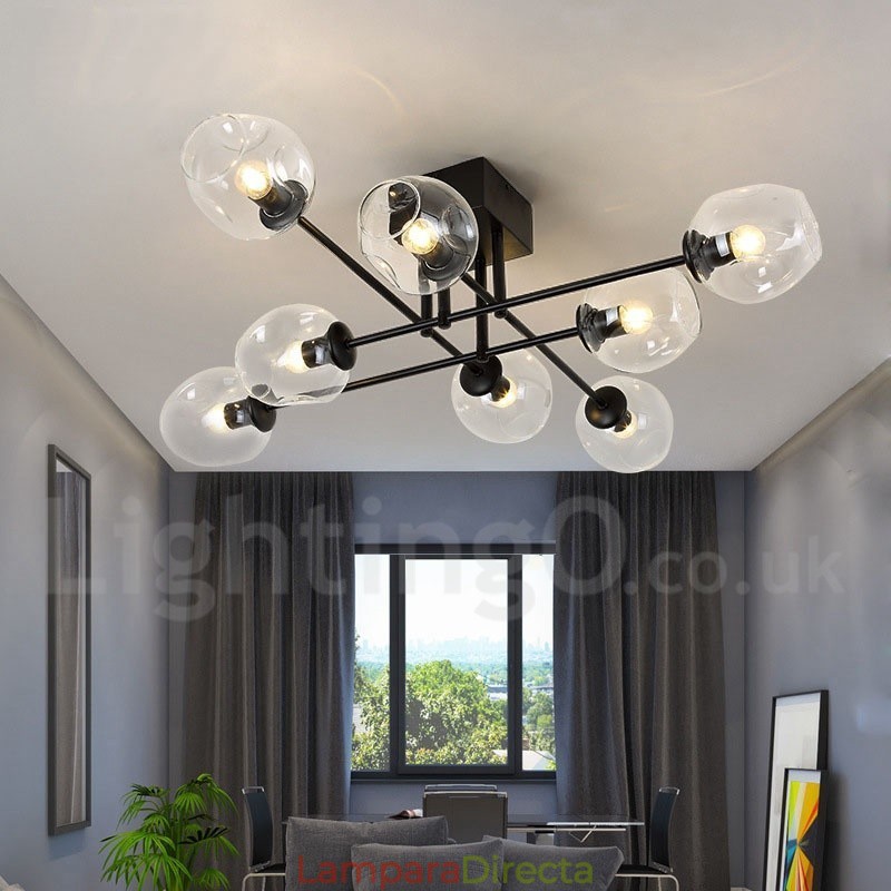 Lámpara de araña rústica de acero inoxidable de 8 luces con pantallas de vidrio transparente o azul