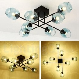 Lámpara de araña rústica de acero inoxidable de 8 luces con pantallas de vidrio transparente o azul