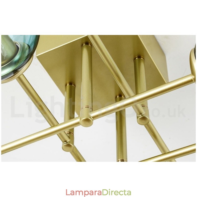 Lámpara de araña rústica de acero inoxidable de 8 luces con pantallas de vidrio transparente o azul