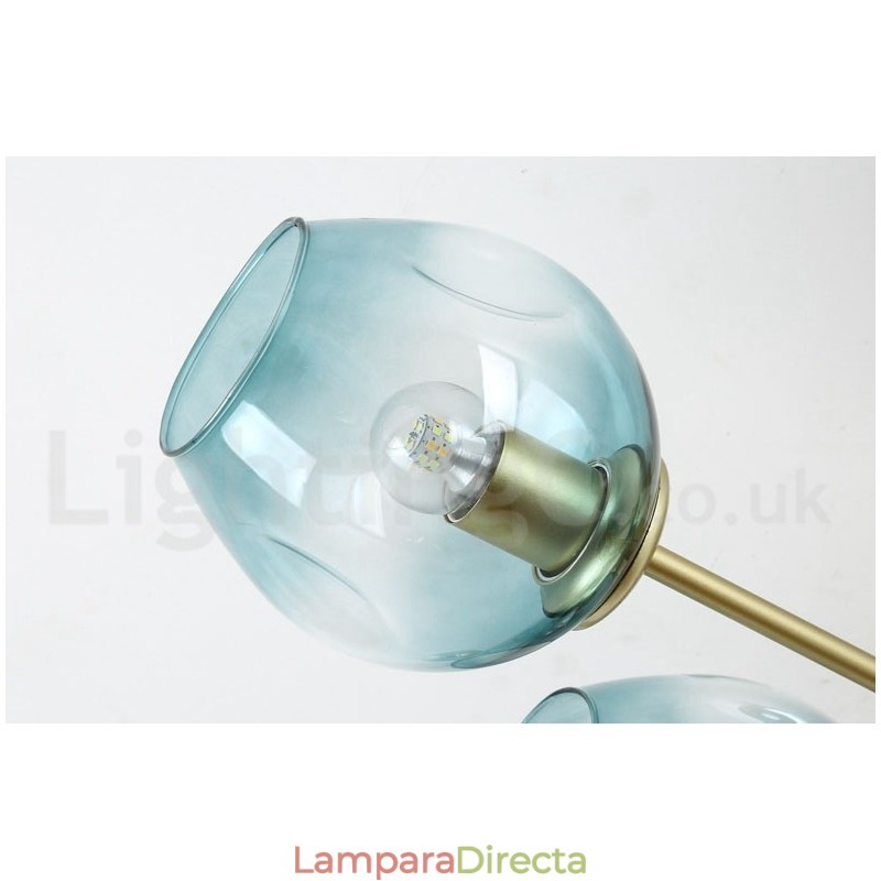 Lámpara de araña rústica de acero inoxidable de 8 luces con pantallas de vidrio transparente o azul