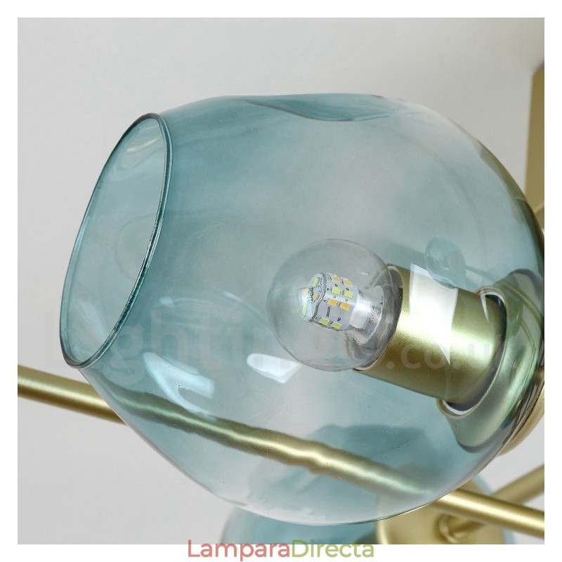 Lámpara de araña rústica de acero inoxidable de 8 luces con pantallas de vidrio transparente o azul