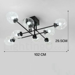 Lámpara de araña rústica de acero inoxidable de 8 luces con pantallas de vidrio transparente o azul