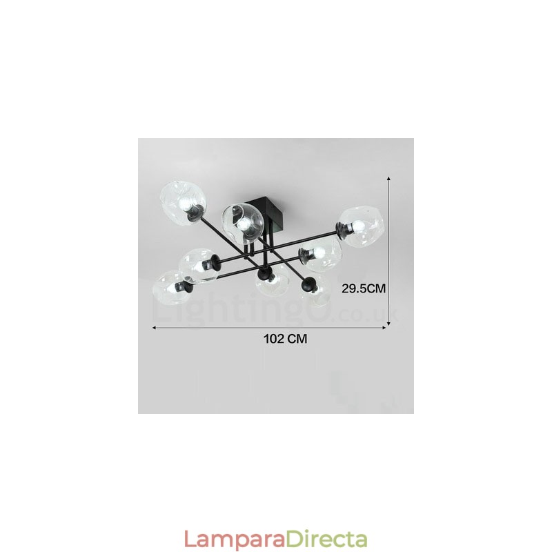 Lámpara de araña rústica de acero inoxidable de 8 luces con pantallas de vidrio transparente o azul