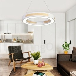 Lámpara colgante moderna contemporánea con forma de anillo en varios colores de madera y pantalla acrílica