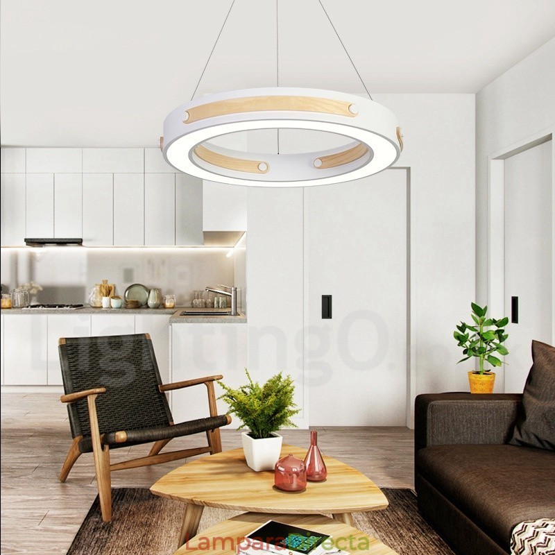 Lámpara colgante moderna contemporánea con forma de anillo en varios colores de madera y pantalla acrílica