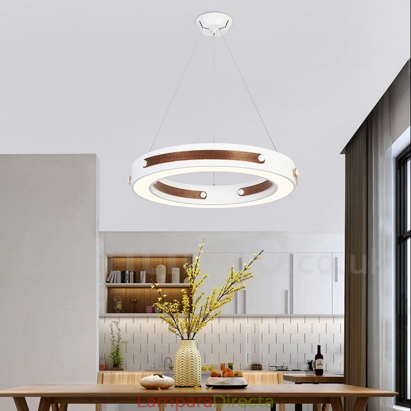 Lámpara colgante moderna contemporánea con forma de anillo en varios colores de madera y pantalla acrílica
