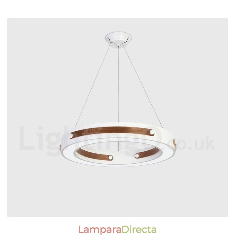 Lámpara colgante moderna contemporánea con forma de anillo en varios colores de madera y pantalla acrílica