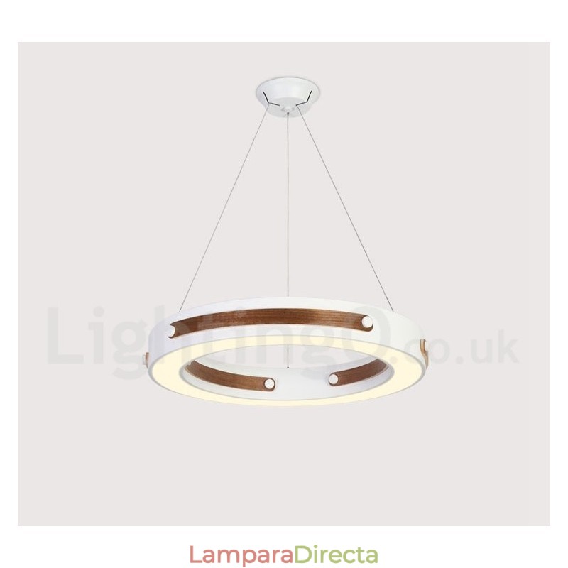 Lámpara colgante moderna contemporánea con forma de anillo en varios colores de madera y pantalla acrílica