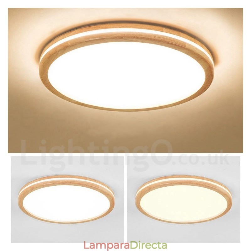 Lámpara de techo de madera redonda regulable con lente, moderna, contemporánea, de estilo nórdico, empotrada, con pantalla acrílica y control remoto. También se puede usar como luz de pared.