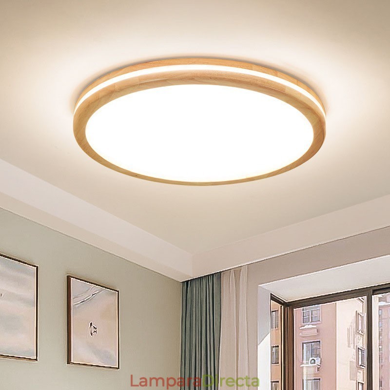 Lámpara de techo de madera redonda regulable con lente, moderna, contemporánea, de estilo nórdico, empotrada, con pantalla acrílica y control remoto. También se puede usar como luz de pared.