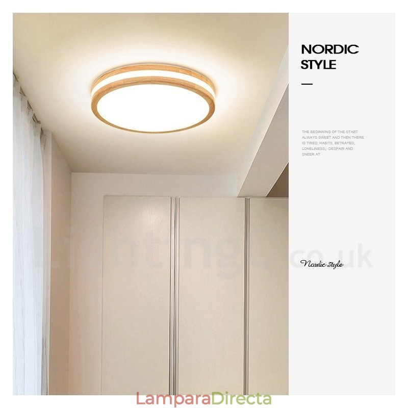 Lámpara de techo de madera redonda regulable con lente, moderna, contemporánea, de estilo nórdico, empotrada, con pantalla acrílica y control remoto. También se puede usar como luz de pared.