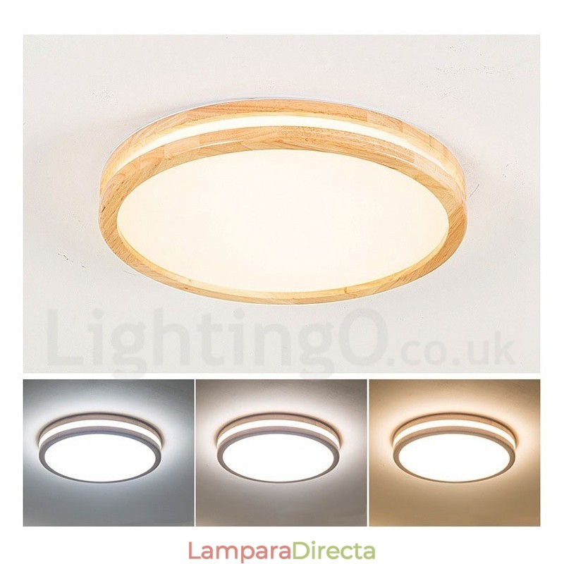 Lámpara de techo de madera redonda regulable con lente, moderna, contemporánea, de estilo nórdico, empotrada, con pantalla acrílica y control remoto. También se puede usar como luz de pared.