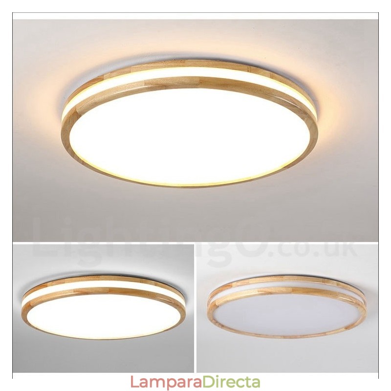 Lámpara de techo de madera redonda regulable con lente, moderna, contemporánea, de estilo nórdico, empotrada, con pantalla acrílica y control remoto. También se puede usar como luz de pared.