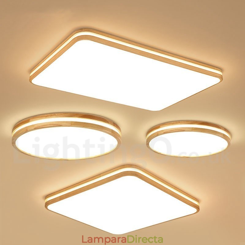 Lámpara de techo de madera redonda regulable con lente, moderna, contemporánea, de estilo nórdico, empotrada, con pantalla acrílica y control remoto. También se puede usar como luz de pared.
