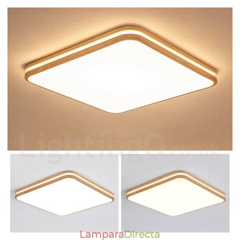 Lámpara de techo empotrada de madera cuadrada con lente, moderna, contemporánea, estilo nórdico, con pantalla acrílica y control remoto. También se puede usar como luz de pared.