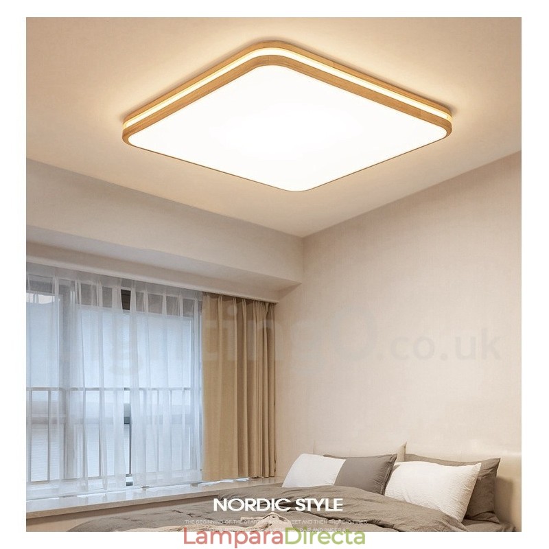 Lámpara de techo empotrada de madera cuadrada con lente, moderna, contemporánea, estilo nórdico, con pantalla acrílica y control remoto. También se puede usar como luz de pared.