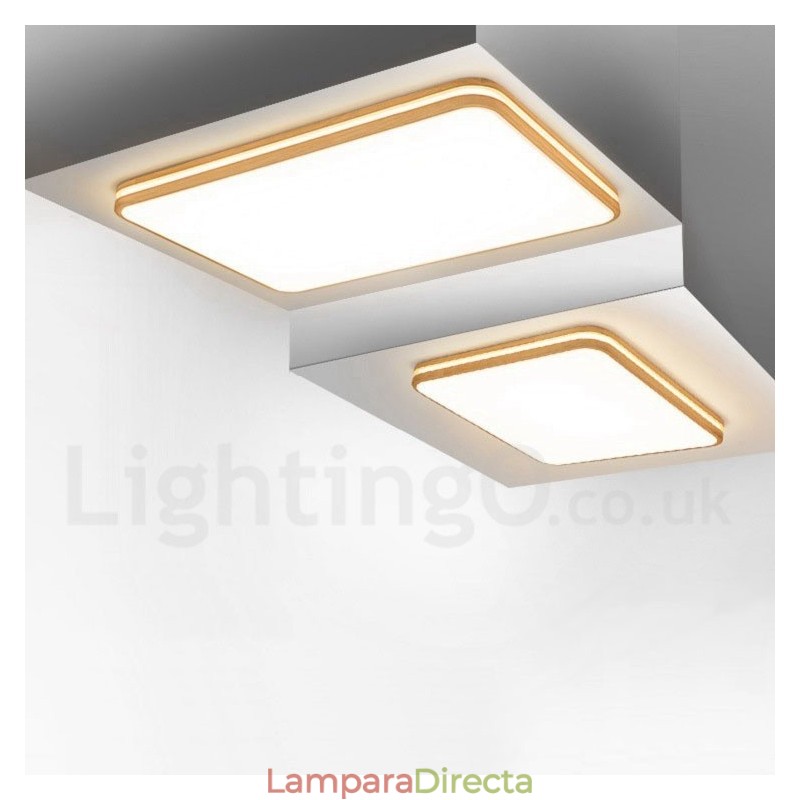 Lámpara de techo empotrada de madera cuadrada con lente, moderna, contemporánea, estilo nórdico, con pantalla acrílica y control remoto. También se puede usar como luz de pared.