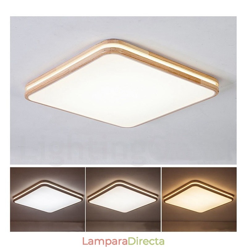 Lámpara de techo empotrada de madera cuadrada con lente, moderna, contemporánea, estilo nórdico, con pantalla acrílica y control remoto. También se puede usar como luz de pared.