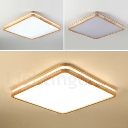 Lámpara de techo empotrada de madera cuadrada con lente, moderna, contemporánea, estilo nórdico, con pantalla acrílica y control remoto. También se puede usar como luz de pared.