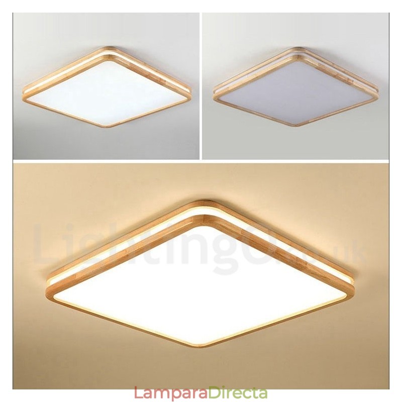 Lámpara de techo empotrada de madera cuadrada con lente, moderna, contemporánea, estilo nórdico, con pantalla acrílica y control remoto. También se puede usar como luz de pared.